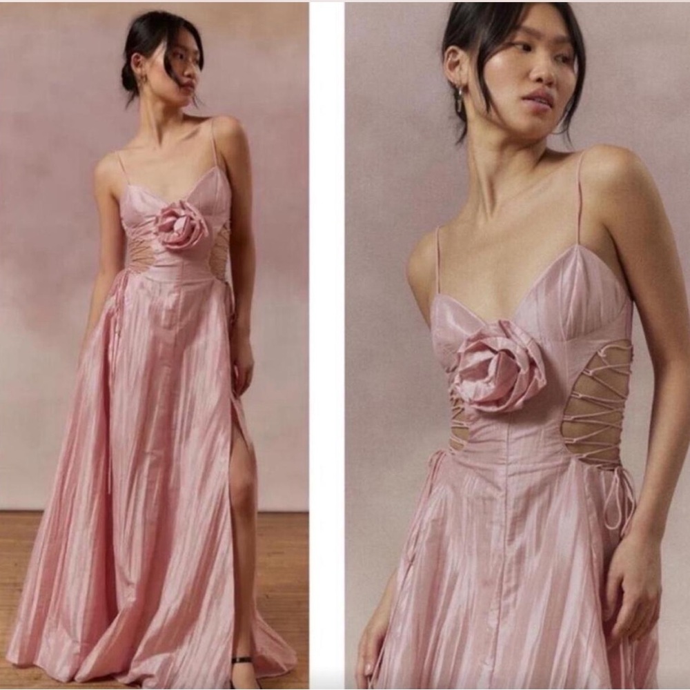 For Love And Lemons Pink Pleated Spaghetti Strap Gown